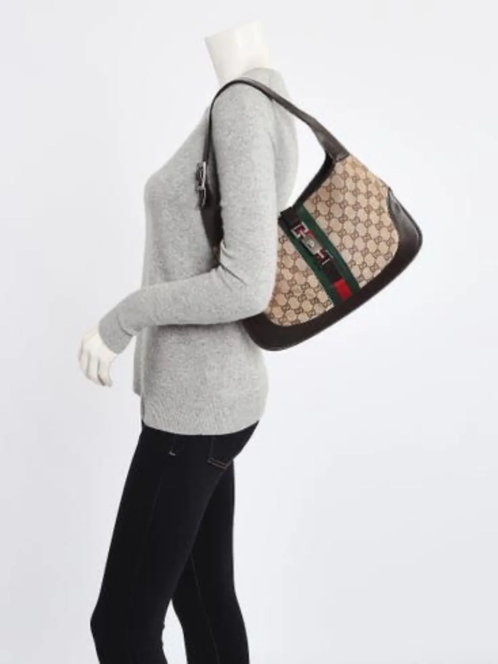 Authentic GUCCI GG Canvas Web Jackie O Bouvier Hobo Bag Brown/Beige
